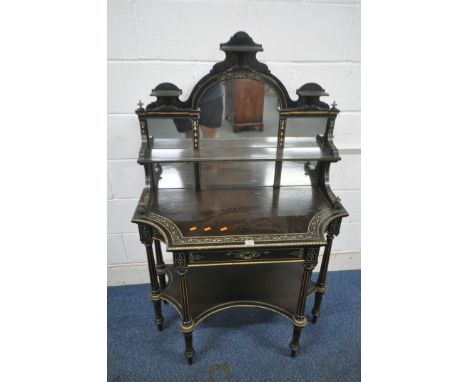 A NAPOLEON III EBONISE MIRROR BACK SIDE TABLE, the raised back with three small and one long shelf, a single frieze drawer, r