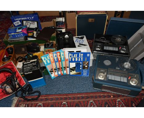 TWO BOXES AND LOOSE MIXED AUDIO AND VISUAL EQUIPMENT to include a Chinon CE-3 Memotron fitted with a 1:1.4 multi coated lens,