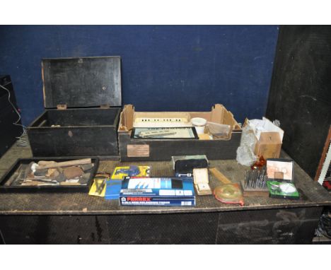 A TRAY AND A WOODEN TOOLBOX CONTAINING TOOLS AND HARDWARE including a Hasler dial gauge, a Presto metric tap and die set, var