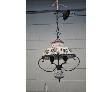 A HAND PAINTED CERAMIC CEILING LIGHT, with foliate decoration, cradled in a metal frame, width 42cm x depth 27cm x approximat