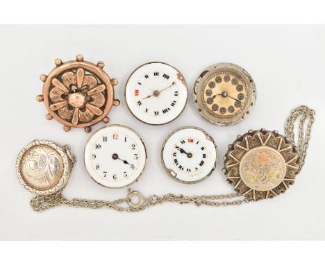 A SELECTION OF JEWELLERY AND WATCH MOVEMENTS, to include a circular silver locket suspended from a belcher link chain, locket