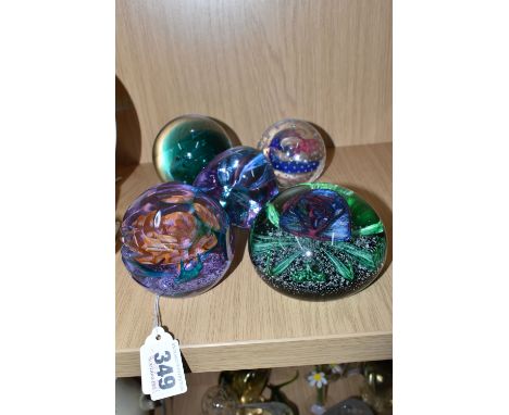 FIVE CAITHNESS GLASS PAPERWEIGHTS, comprising limited editions: 'Amore' 4/50, 'Aria' 36/500 and 'Discovery' 10/750, with Coll