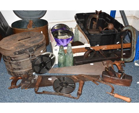 TWO BOXES AND LOOSE MISCELLANEOUS ITEMS to include a box of vintage rusted tools comprising saws, planes,  two metal hat boxe