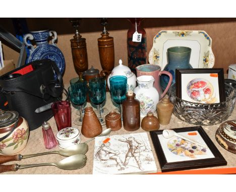A GROUP OF GLASSWARE AND SUNDRIES, comprising a Mdina  glass vase, height 30cm, a German Westerwald Pottery ewer, a pair of o