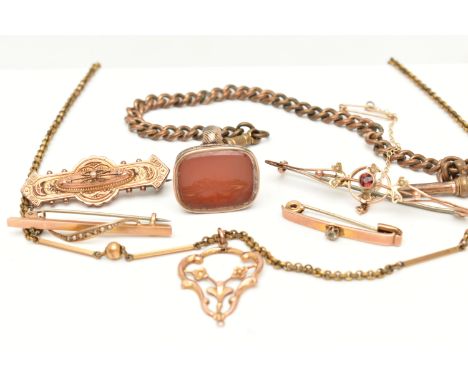 A COLLECTION OF VICTORIAN AND EARLY 20TH CENTURY 9CT GOLD, YELLOW METAL AND ROLLED GOLD JEWELLERY, to include a Victorian bro