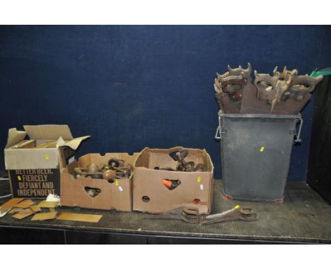 FOUR TRAYS CONTAINING VINTAGE TOOLS including saws, hand and shoulder braces, 3mm thick oak parquet style flooring veneers mo