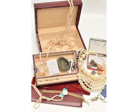 A BOX OF ASSORTED ITEMS, to include a personalised jewellery box, assorted imitation pearl necklaces, a fashion watch and oth