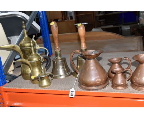 A COLLECTION OF METALWARE, to include a quantity of copper items, two vintage foot warmers, two handled bed pans, four bed wa