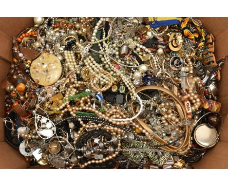 A LARGE QUANTITY OF COSTUME JEWELLERY, to include a paste set dragon fly, a hematite and mother of pearl fringe necklace, a w
