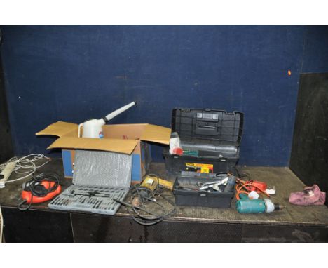 A BOX AND TWO PLASTIC TOOLBOXES CONTAINING TOOLS including a Black and Decker jigsaw, a debadged drill (both PAT pass and wor