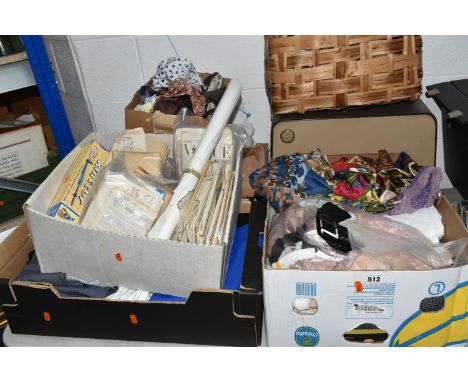 FIVE BOXES AND LOOSE VINTAGE SEWING PATTERNS, TEXTILES AND SEWING MACHINE to include a box of patterns for men and women's vi
