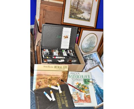 TWO BOXES AND LOOSE VINTAGE AND MODERN PAINTINGS, to include a damaged oil on canvas depicting a rocky coastal view of the se