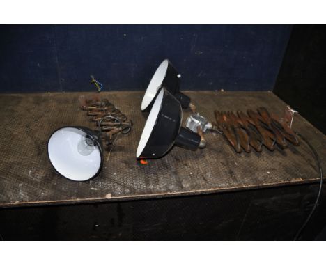 TWO INDUSTRIAL STYLE LAMPS with cantilever mechanisms and grey enamel shades (2)(no plugs so untested)