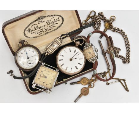 A COLLECTION OF TWO FOB WATCHES, TWO COCKTAIL WATCHES, A 'LANO' WRISTWATCH, WATCH KEYS AND AN ALBERT CHAIN, to include an ear