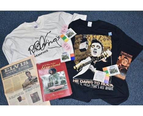ONE TRAY OF ELVIS PRESLEY / GRACELAND Memorabilia comprising two T Shirts, a Graceland Official Guidebook, a promotional leaf