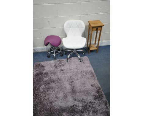 A WHITE SWIVEL CHAIR, a purple swivel stool, a small pine cabinet, a brass fire screen, along with a Dunelm rug (condition re
