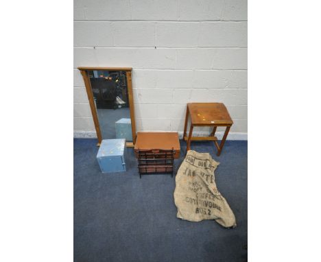 A PINE OVERMANTEL MIRROR, a small school desk with a hinged lid, a leather case, a blue painted cabinet, a magazine rack, a m