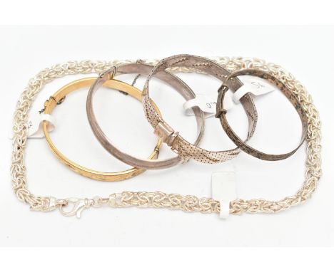 FOUR BRACELETS AND A CHAIN, to include a rolled gold hinged bangle with foliate pattern, fitted with a push piece clasp and a