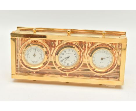 JENS OLSEN TRIPLE DIAL BRASS CLOCK, the three dials for temperature, time and humidity in gimbal mounts with white dials, bla