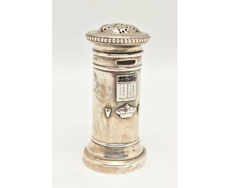 A VICTORIA SILVER NOVELTY PEPPERETTE, designed as a novelty miniature post box, approximate height 76mm, hallmarked Hilliard 
