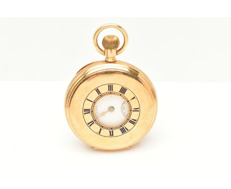 AN 18CT GOLD EARLY 20TH CENTURY WALTHAM, TOP WIND HALF HUNTER POCKET WATCH, the white ceramic dial, with black Arabic numeral