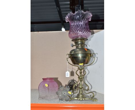 ANTIQUE BRASS DUPLEX OIL LAMP AND CEILING LIGHT, Duplex Evere No.3 Everd &amp; Co. brass oil lamp with cranberry glass shade,