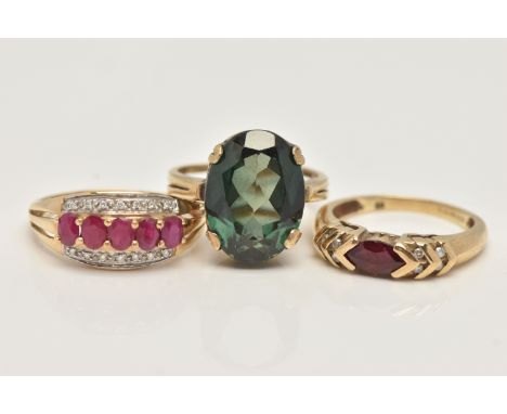THREE GEM SET RINGS, to include a ruby and diamond ring, hallmarked 9ct Birmingham, ring size R, the second set with a marqui