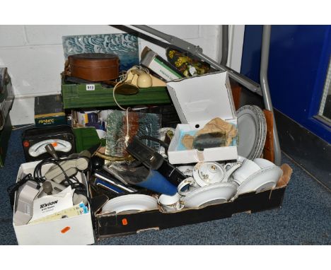THREE BOXES AND LOOSE MISCELLANEOUS ITEMS to include a quantity of Japanese and continental ceramic kitchenware and coffee wa