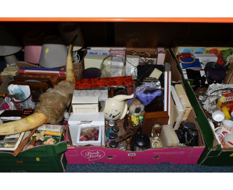 SIX BOXES AND LOOSE TOYS, CATTLE HORNS AND SUNDRY HOMEWARES, to include a set of cattle horns with hide covered central secti