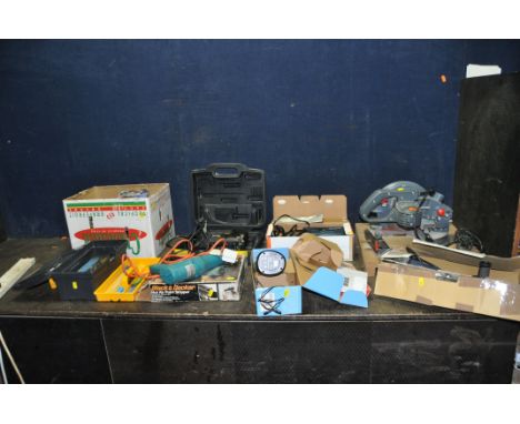 A COLLECTION OF POWER TOOLS including Black and Decker sander (looks unused), 9.6v screwdriver and heat gun (PAT fail due to 