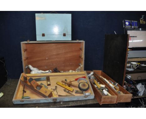 TWO BESPOKE WOODEN CARPENTERS TOOLBOX CONTAINING TOOLS including a wooden Salmen plane, divider, calipers, a planishing hamme