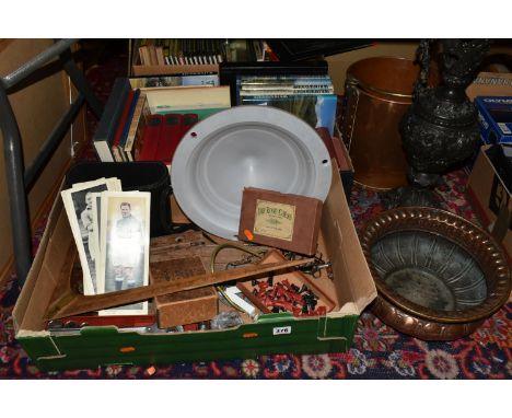 TWO BOXES AND LOOSE MISCELLANEOUS ITEMS to include sixteen 1930's Topical Times Footballer photograph cards comprising colour