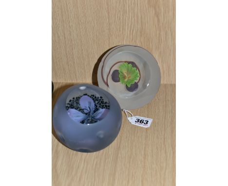 TWO LARGE CAITHNESS GLASS PAPERWEIGHTS, comprising 'Grey Snapcat' and 'Lemon Trumpet', very faint titles and 'Caithness Scotl