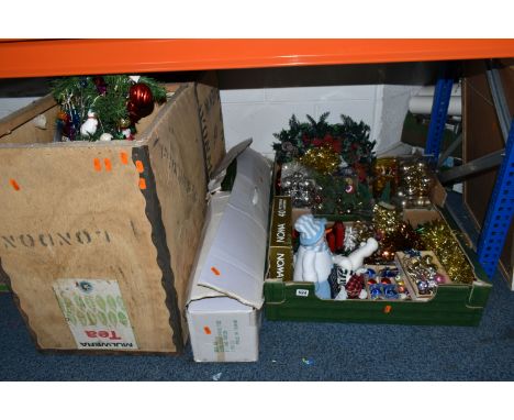 TWO BOXES AND LOOSE CHRISTMAS DECORATIONS to include a boxed 1.65m tree, two wooden crates with an additional tree inside fit