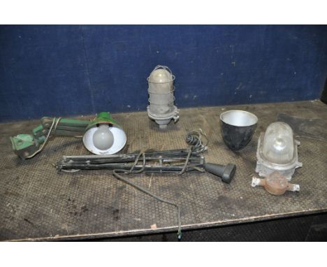 TWO ARTICULATED WORKSHOP LAMPS AND TWO OUTDOOR LAMPS including a green painted lam with four knuckles and switch , a black pa