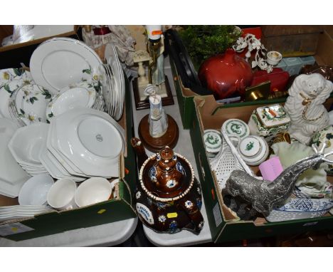 THREE BOXES AND LOOSE CERAMICS, LAMPS, METALWARE AND SUNDRY ITEMS, to include a Measham barge ware teapot 'A Present to a Fri