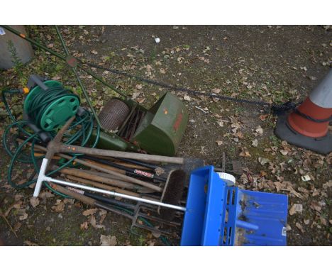 A WEBB PUSH ALONG CYLINDER LAWN MOWER, with a grass box, along with a selection of vintage garden tools, including spades, sh