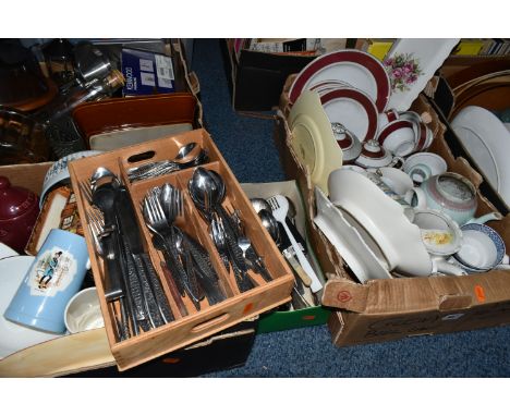FIVE BOXES AND LOOSE CERAMIC DINNER WARE, KITCHEN WARE AND CUTLERY, to include Viners mid twentieth century cutlery with geom