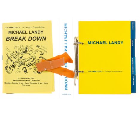 Landy (Michael) Break Down, card dividers with tabs, with scrap of orange plastic from a destroyed item loosely inserted, and