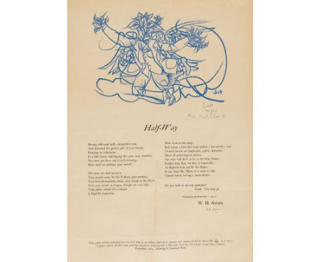 Auden (W.H.) Half-Way, broadside, number 68 of 75 copies signed by author and artist, illustration by Laurence Scott, light c