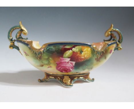 A Royal Worcester Rose Decorated Bough Pot, indistinct signature, 25 cm