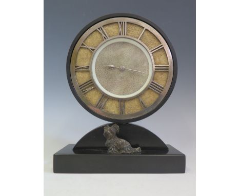 An Ashford Marble and Shagreen Mantle Clock mounted with spelter dog, c. 1930's, 23.5 cm, running