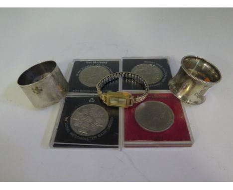 Two Sterling Silver Napkin Rings, commemorative crowns and ladies watch