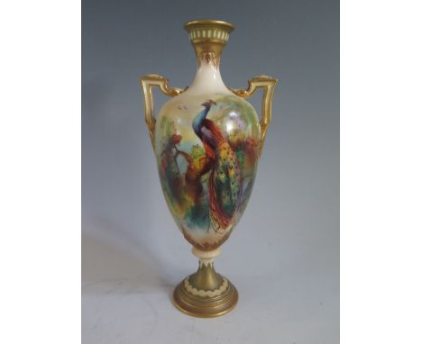 A Royal Worcester Two Handled Vase decorated with pheasant and signed Watkins, 18 cm, stem restored