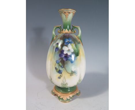 A Royal Worcester Two Handled Vase decorated with flowers, signed J. Lander, 19 cm