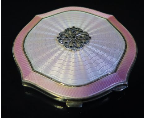 A George VI Silver Guilloché Enamel and Marcasite Mounted Compact, Birmingham 1937, Deakin & Francis Ltd.
