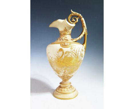 A Good Royal Worcester Blush Ivory Ewer with gilt decoration of a swan, 26 cm