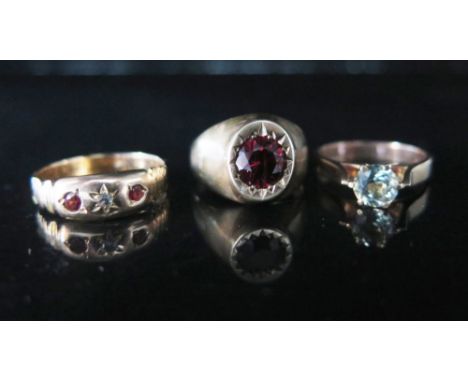 A 14K Diamond and Ruby Gypsy Ring 2.5 g and two 9ct gold dress rings 8.3g