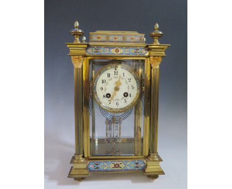 A French Cloisonné Mantle Clock with mercury filled pendulum, the movement by Japy Frères, no. 20708/5/2, 33 cm