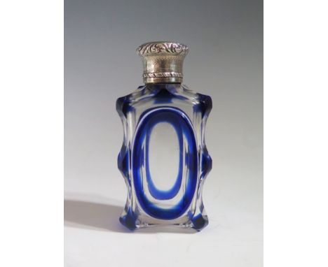 A Victorian Samson Mordan Co. Blue Overlay Glass Scent Flask with R.B. Cooper Patent Ball Closure